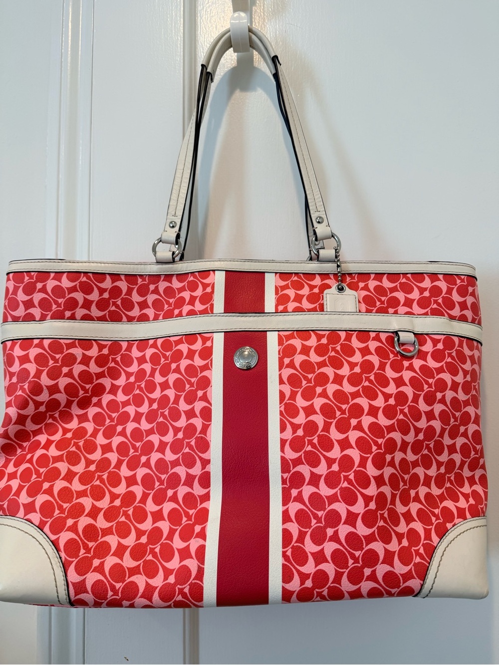 Coach Red and White Signature Stripe Tote
